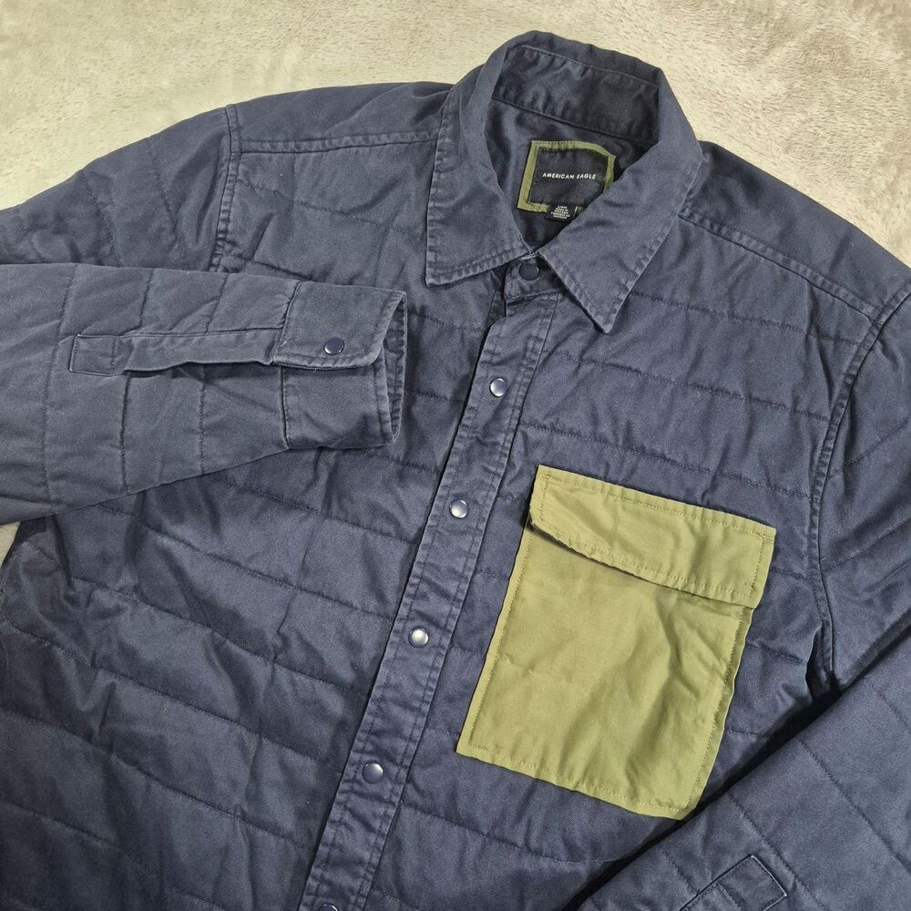 American Eagle Jacket Mens Large Blue Quilted Shirt Snap Front Lined Pocket